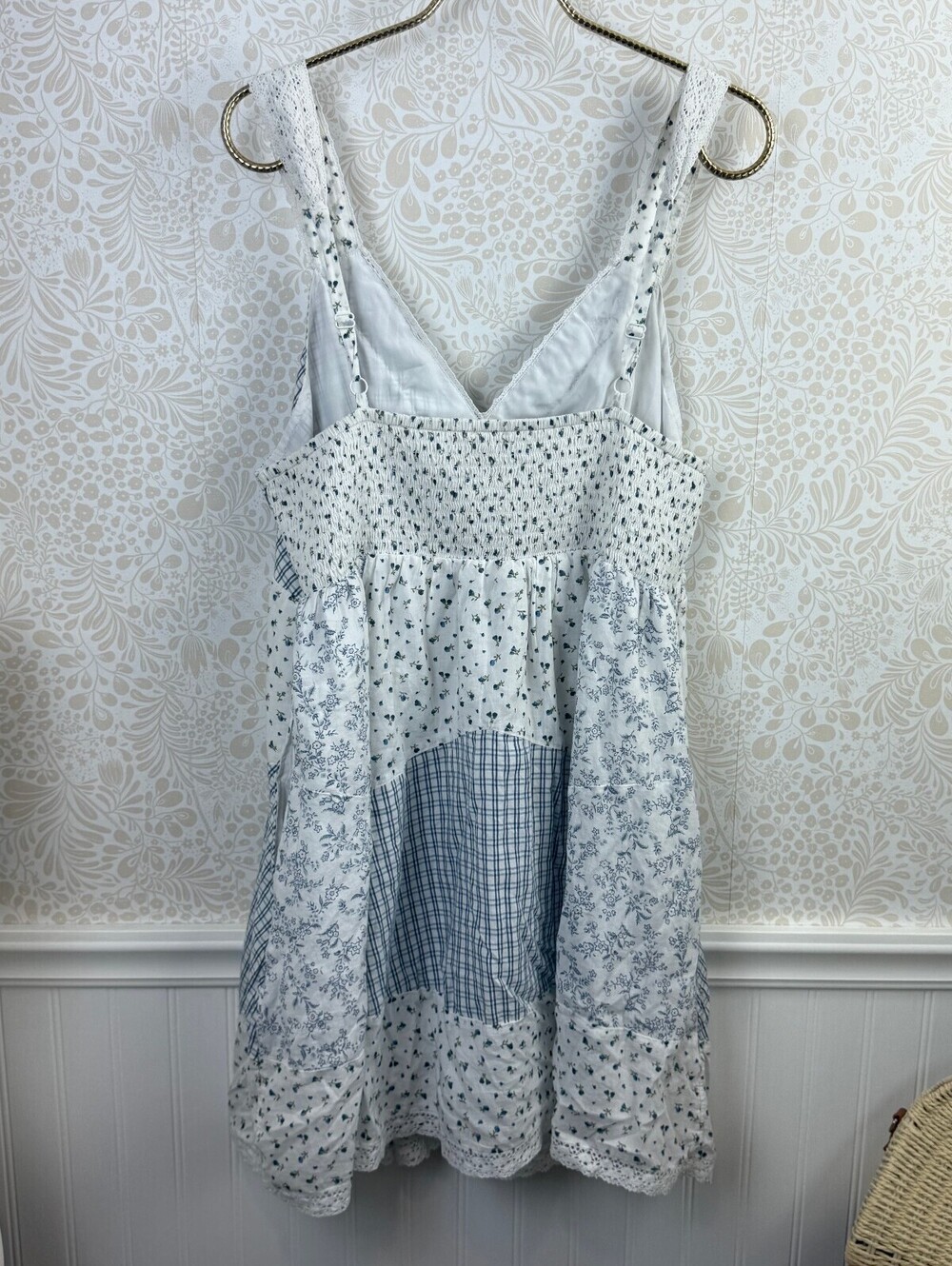 American Eagle Patchwork Blue Cotton Lace Inset Mini Dress - Size - Large - Picture 3 of 8